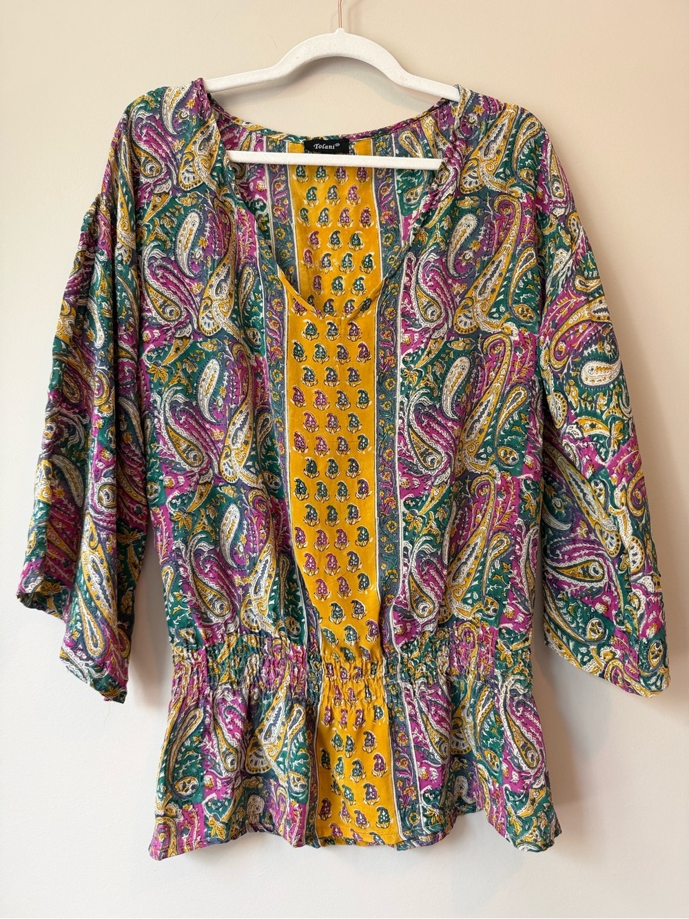 VGUC Tolani 100% Silk Paisley Print Peasant Top Sz L Boho